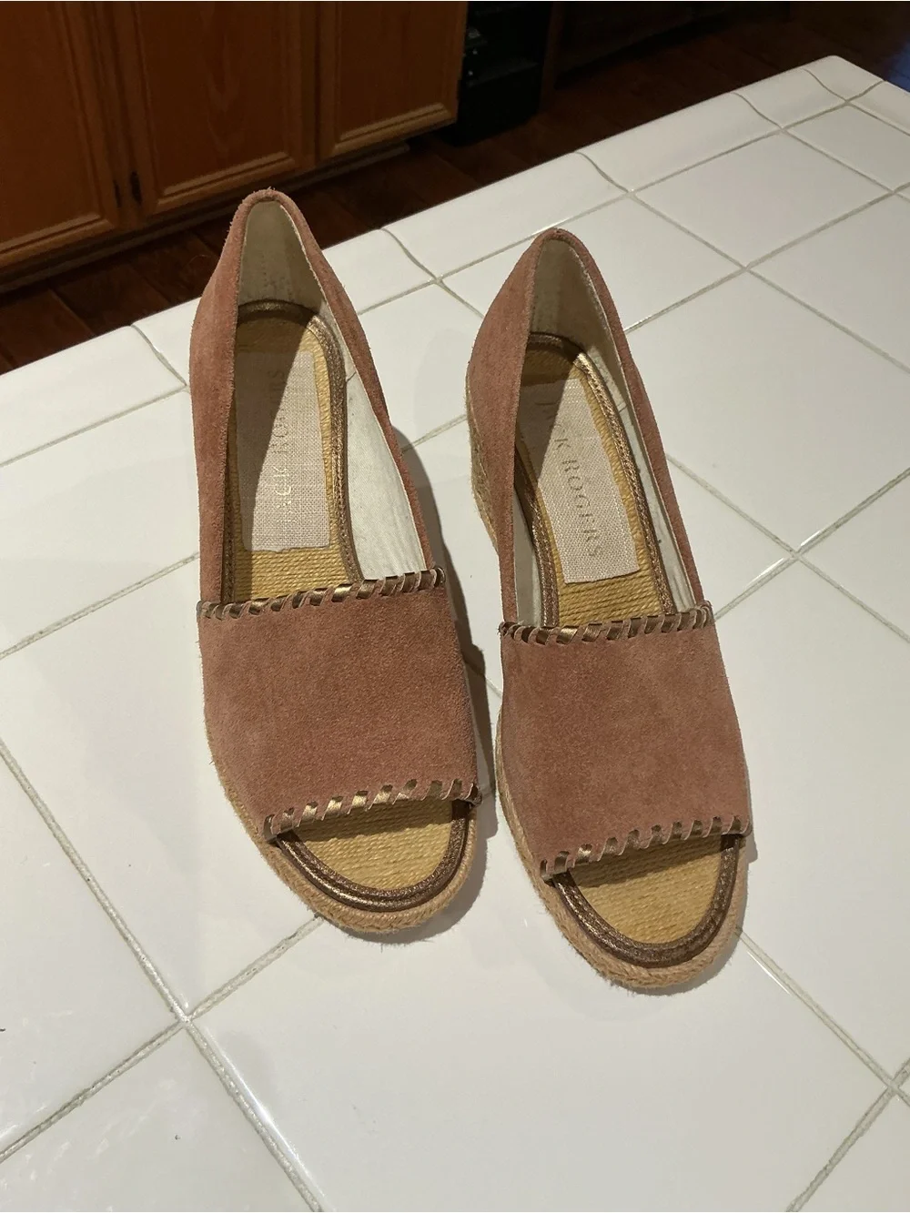 Jack Rogers Palmer Espadrille Wedge Sandals Rose Gold Suede Whipstitch Peep Toe
